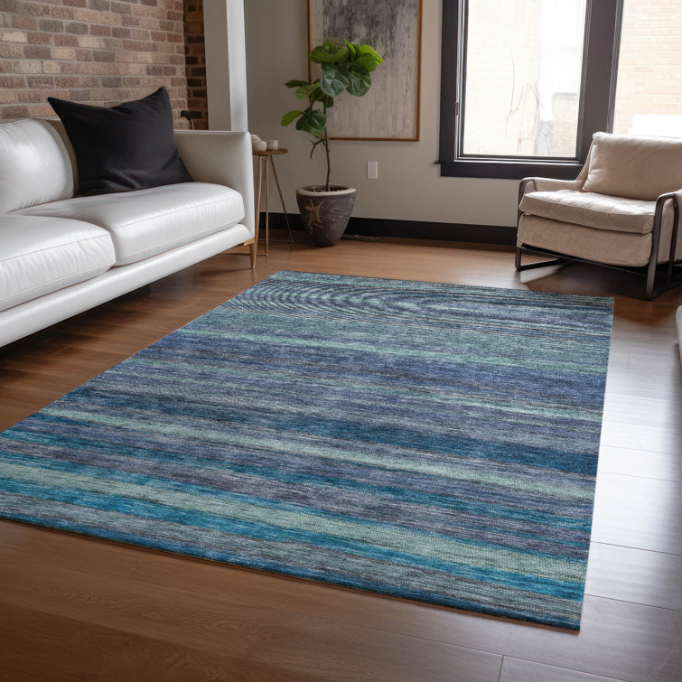Addison 3' x 5' Blue Synthetic Stripe Washable Rug
