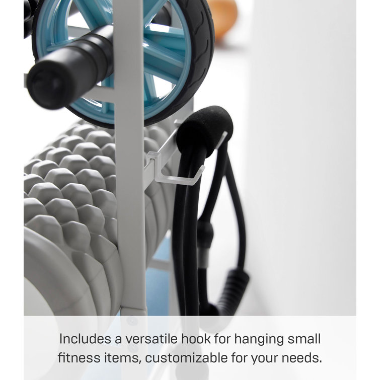 White Steel Home Fitness Equipment Storage Rack with Hooks
