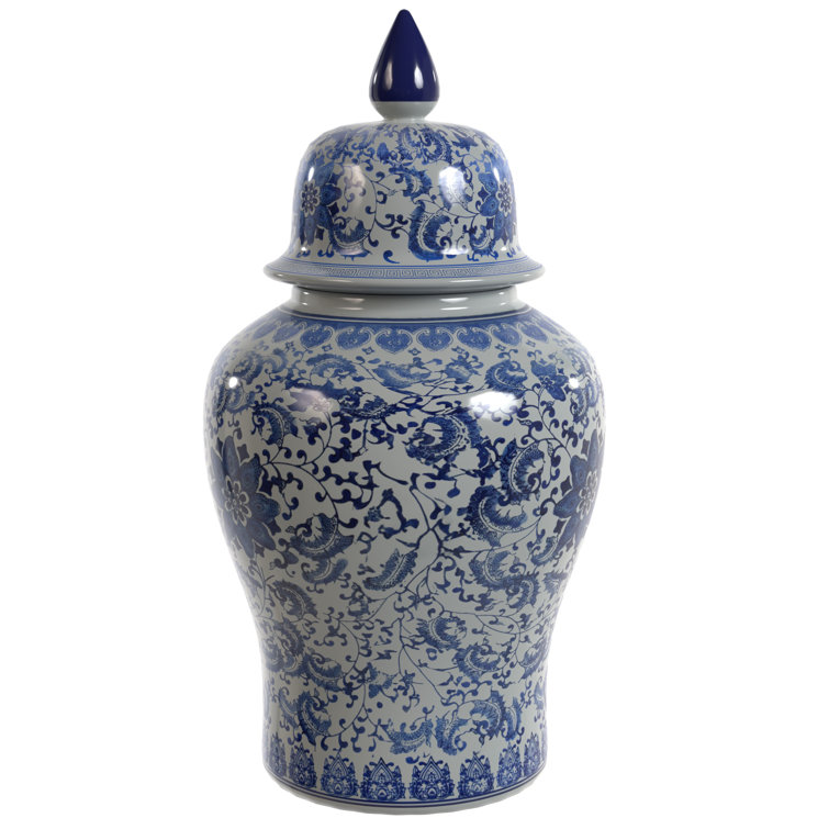 24" Blue and White Floral Porcelain Temple Jar