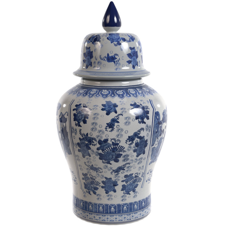 32" Blue and White Porcelain Temple Jar with Floral Design