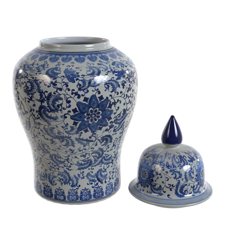 24" Blue and White Floral Porcelain Temple Jar