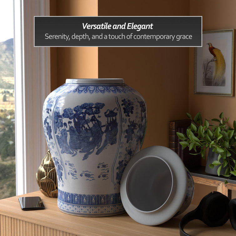 24" Blue and White Porcelain Temple Jar with Lid