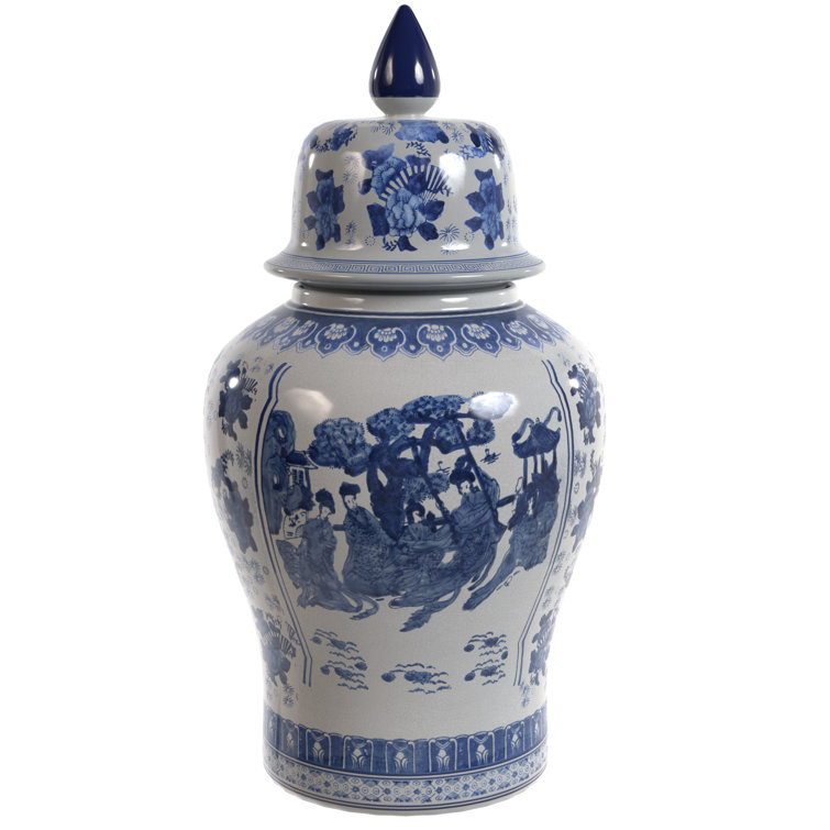 24" Blue and White Porcelain Temple Jar with Lid