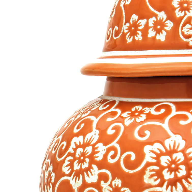 18" Orange and White Floral Porcelain Temple Jar