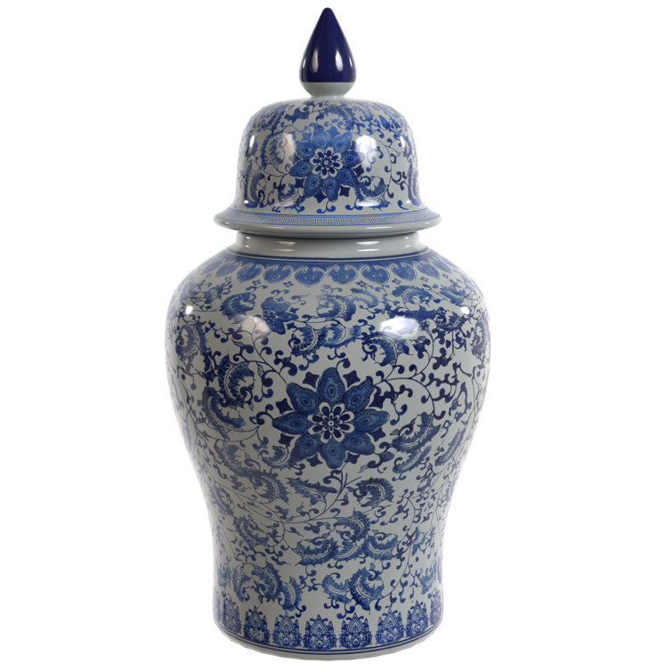 24" Blue and White Floral Porcelain Temple Jar