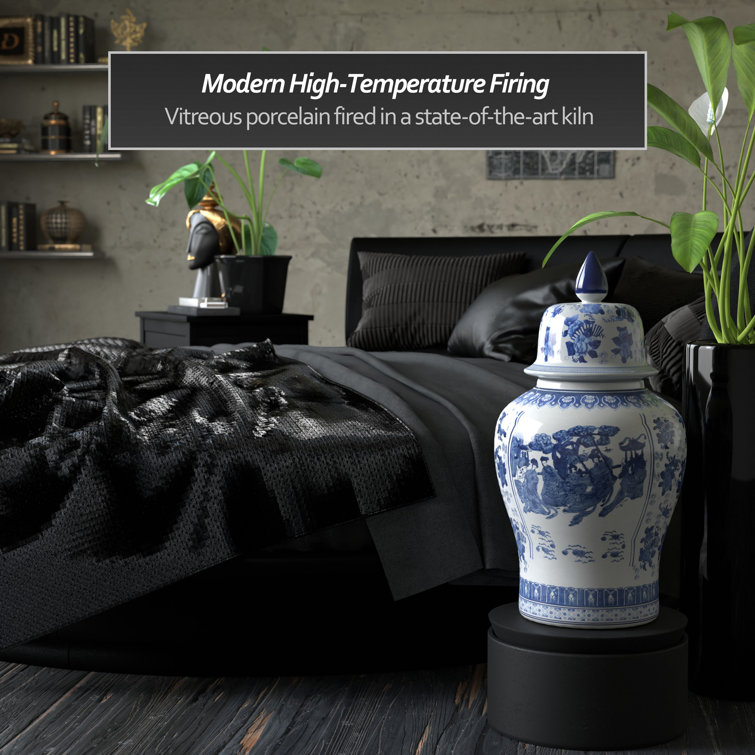24" Blue and White Porcelain Temple Jar with Lid