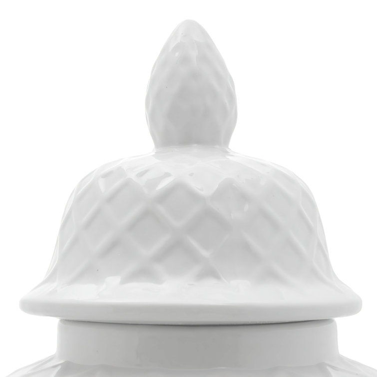 19.5" Glossy White Porcelain Diamond Pattern Temple Jar