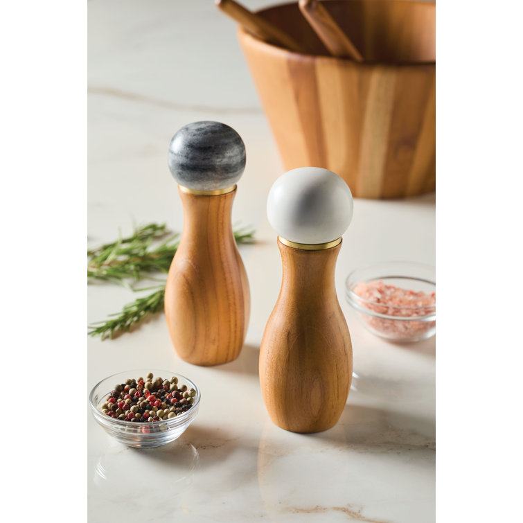 Teakwood and Marble Salt and Pepper Grinder Set with Brass Accents