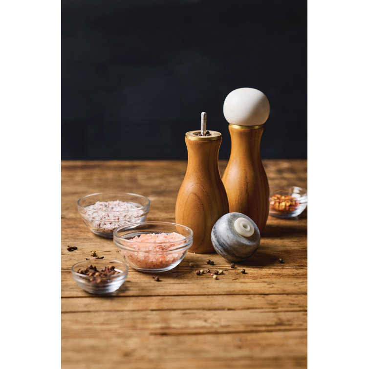 Teakwood and Marble Salt and Pepper Grinder Set with Brass Accents