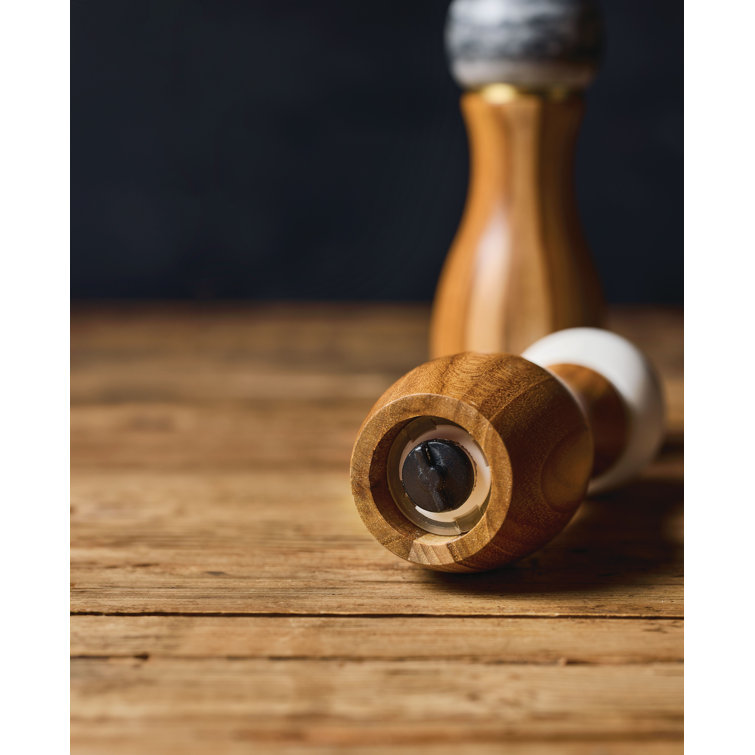 Teakwood and Marble Salt and Pepper Grinder Set with Brass Accents