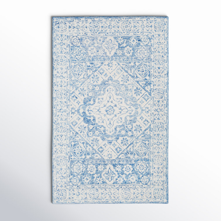 Handmade Blue and White Wool Tufted Oriental Rug