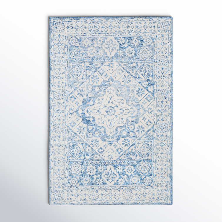 Handmade Blue and White Wool Tufted Rectangular Rug 5' x 7'