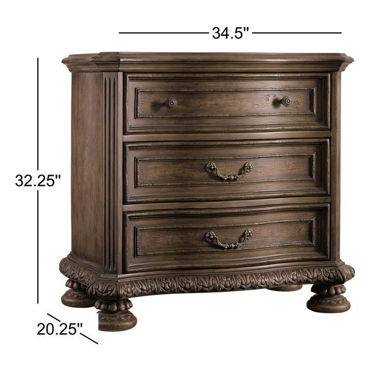 Traditional Walnut 3-Drawer Nightstand with Carved Details