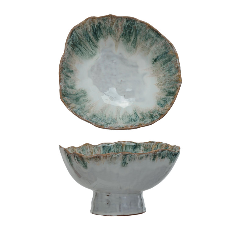 Green and Brown Stoneware Serving Bowl with Stand