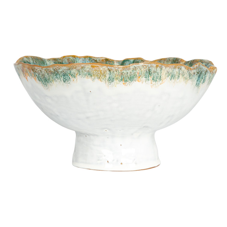 Green and Brown Stoneware Serving Bowl with Stand
