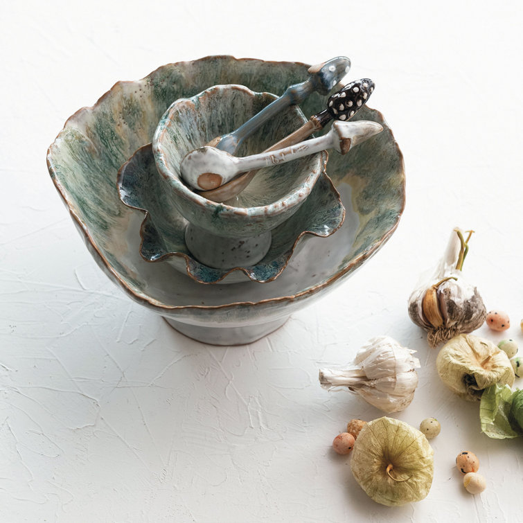 Green and Brown Stoneware Serving Bowl with Stand