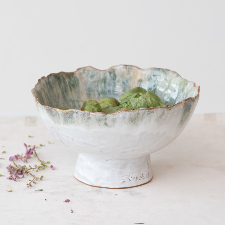 Green and Brown Stoneware Serving Bowl with Stand