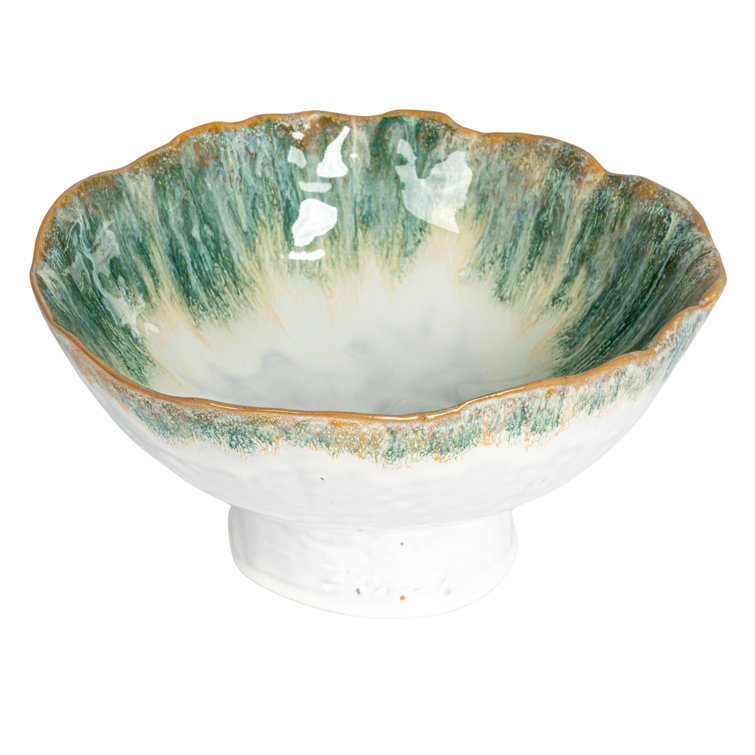 Green and Brown Stoneware Serving Bowl with Stand