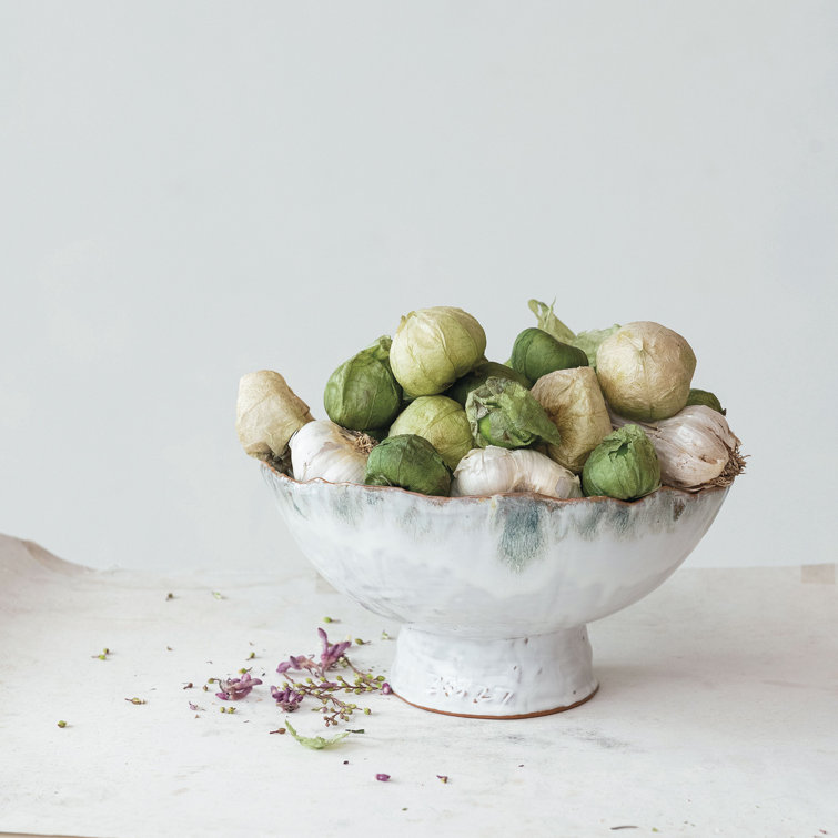 Green and Brown Stoneware Serving Bowl with Stand