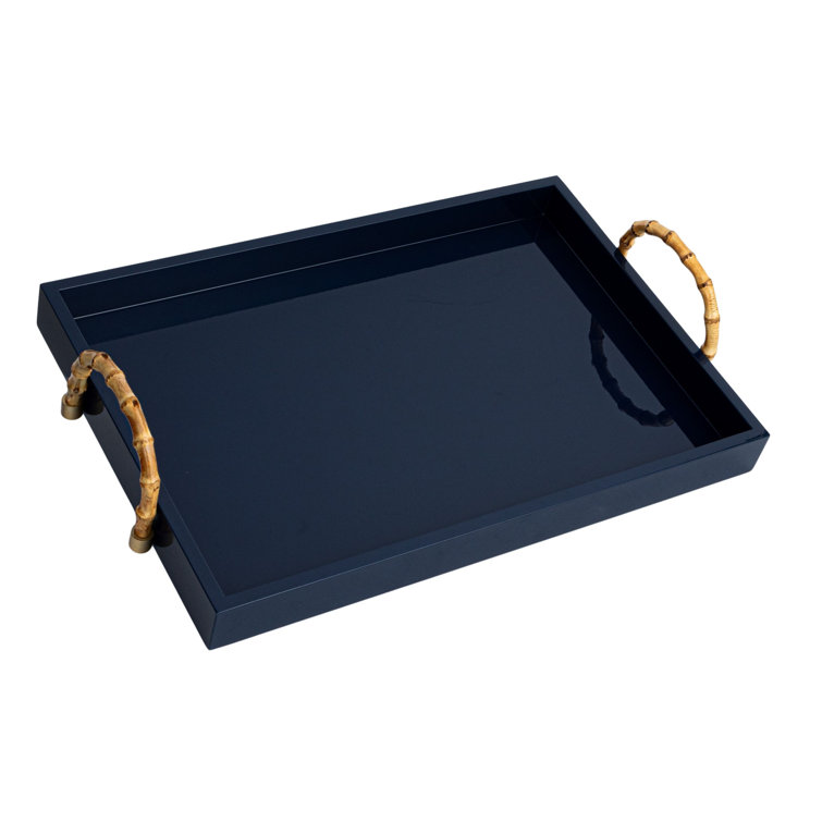 Navy Bamboo and Metal Coastal Serving Tray with Handles