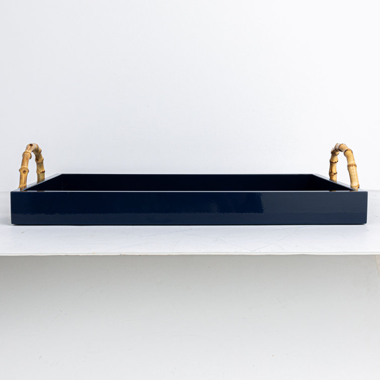 Navy Bamboo and Metal Coastal Serving Tray with Handles