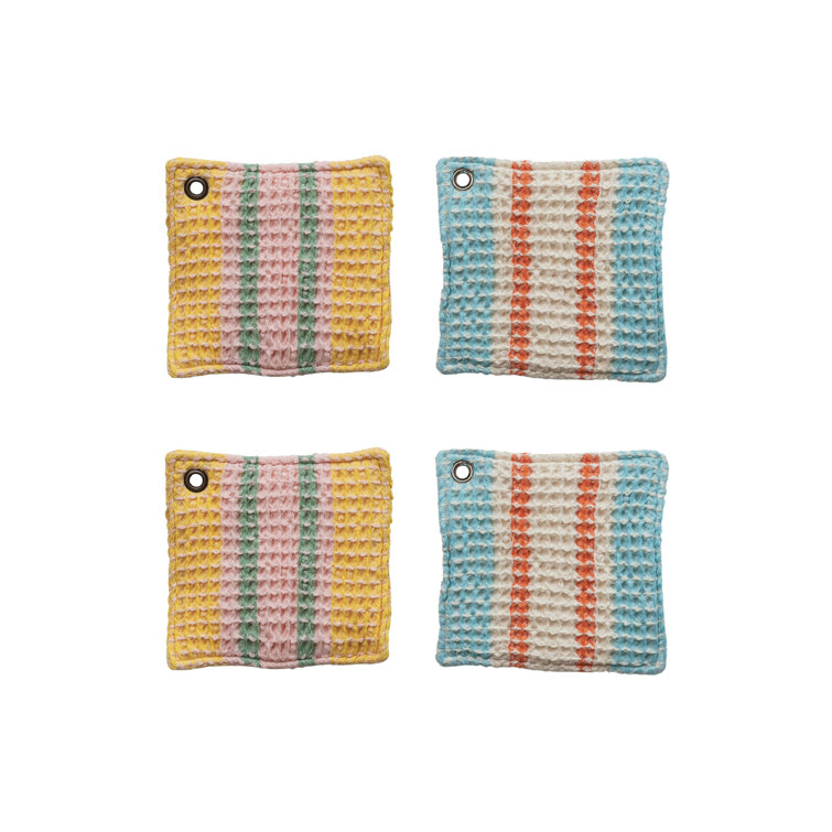 Multicolor Cotton Waffle Weave Pot Holder Set with Leather Loop