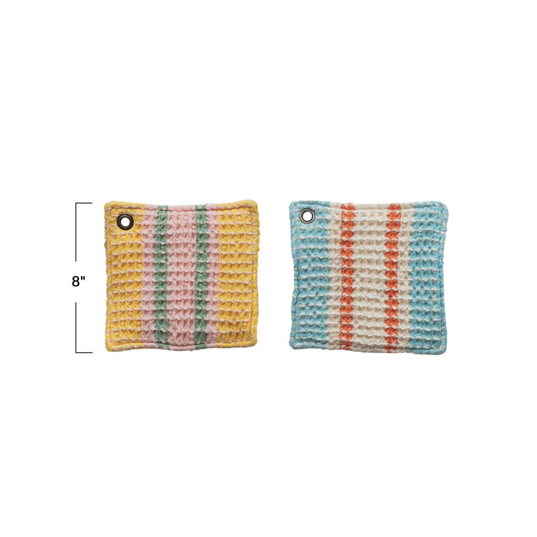 Multicolor Cotton Waffle Weave Pot Holder Set with Leather Loop