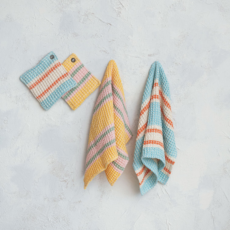 Multicolor Cotton Waffle Weave Pot Holder Set with Leather Loop