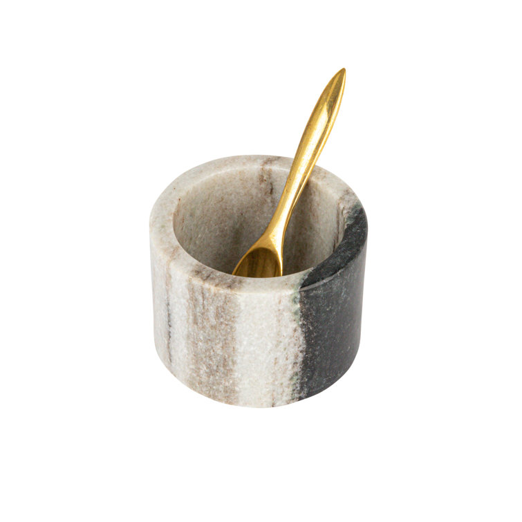 Black and White Marble Salt Cellar with Brass Spoon Set