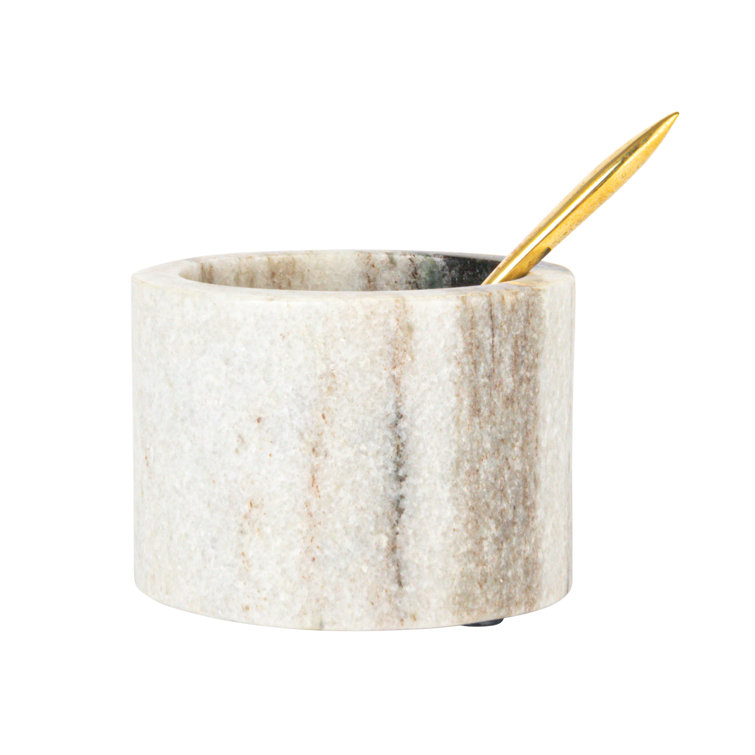 Black and White Marble Salt Cellar with Brass Spoon Set