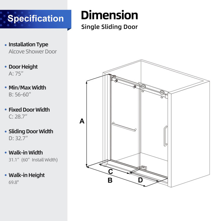 Matte Black Semi-Frameless Sliding Shower Door with Tempered Glass