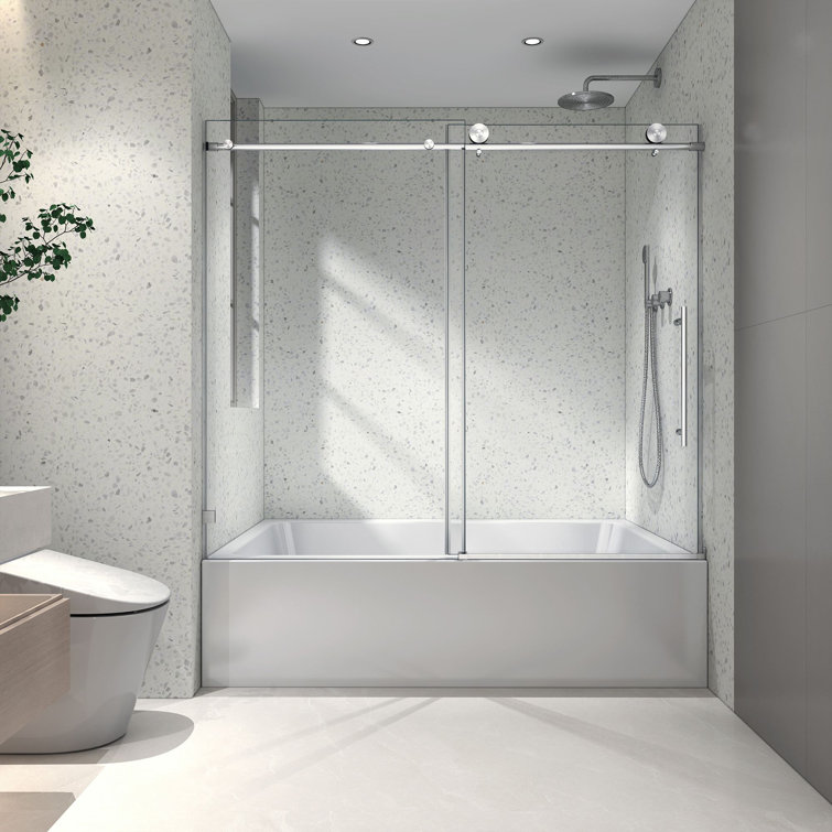 60 Inch Frameless Clear Glass Sliding Tub Door in Brushed Nickel