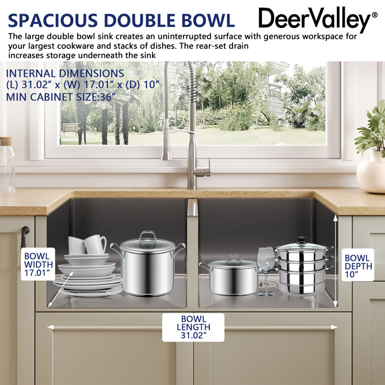 DeerValley 33'' Stainless Steel Double Bowl Undermount Kitchen Sink