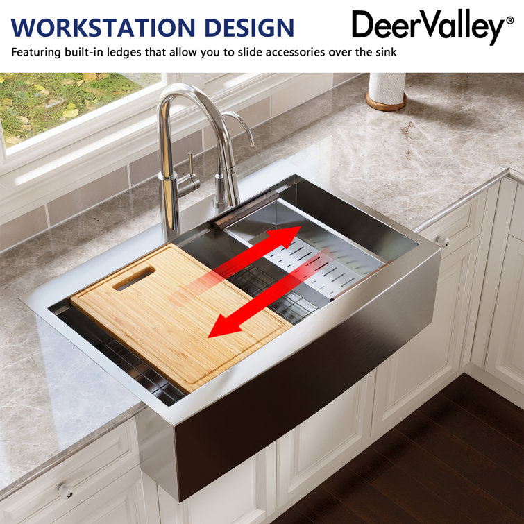 33" Stainless Steel Farmhouse Single Bowl Workstation Sink