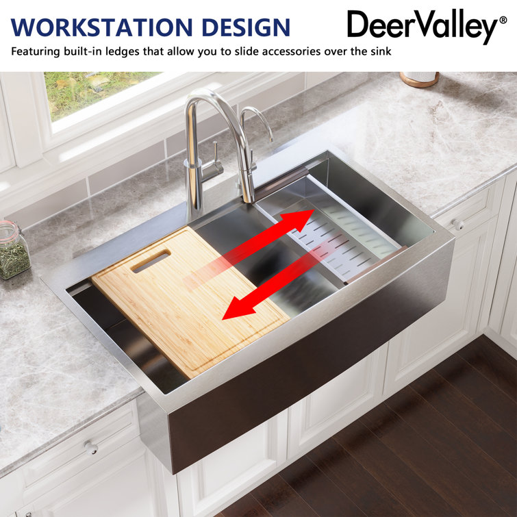 36" Stainless Steel Farmhouse Single Bowl Workstation Sink