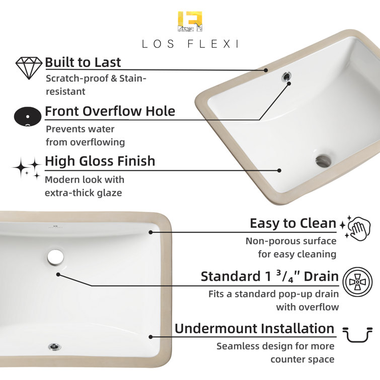 21" White Glossy Ceramic Rectangular Undermount Bathroom Sink