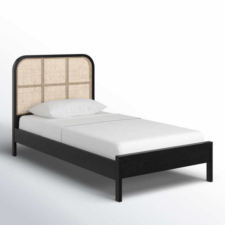 Black Ash Wood Twin Bed with Cane Headboard