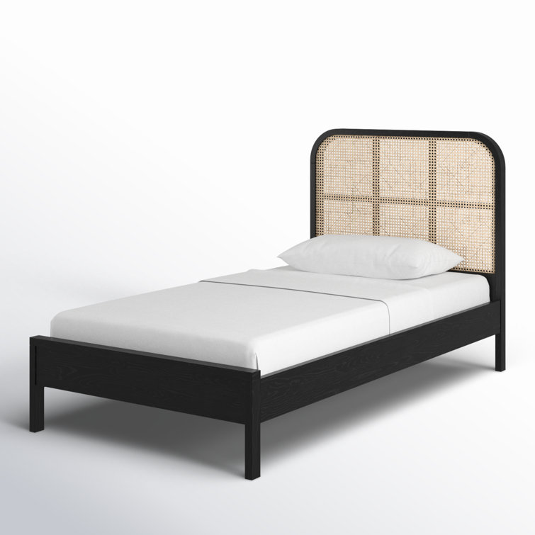 Black Ash Wood Twin Bed with Cane Headboard