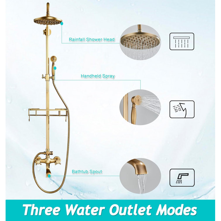 Antique Brass Wall Mounted Rain Shower System with Handheld