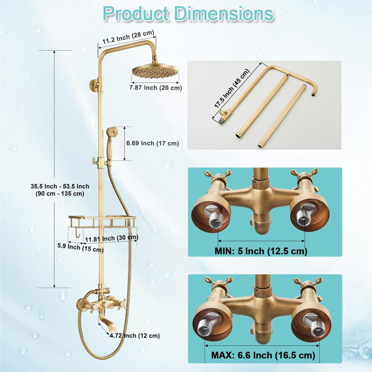 Antique Brass Wall Mounted Rain Shower System with Handheld