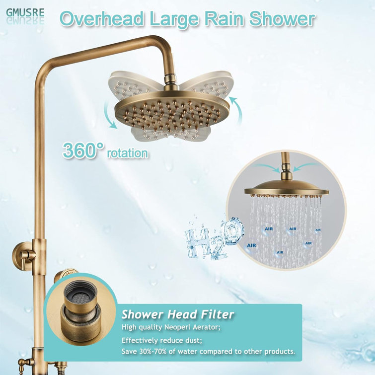 Antique Brass Wall Mounted Rain Shower System with Handheld