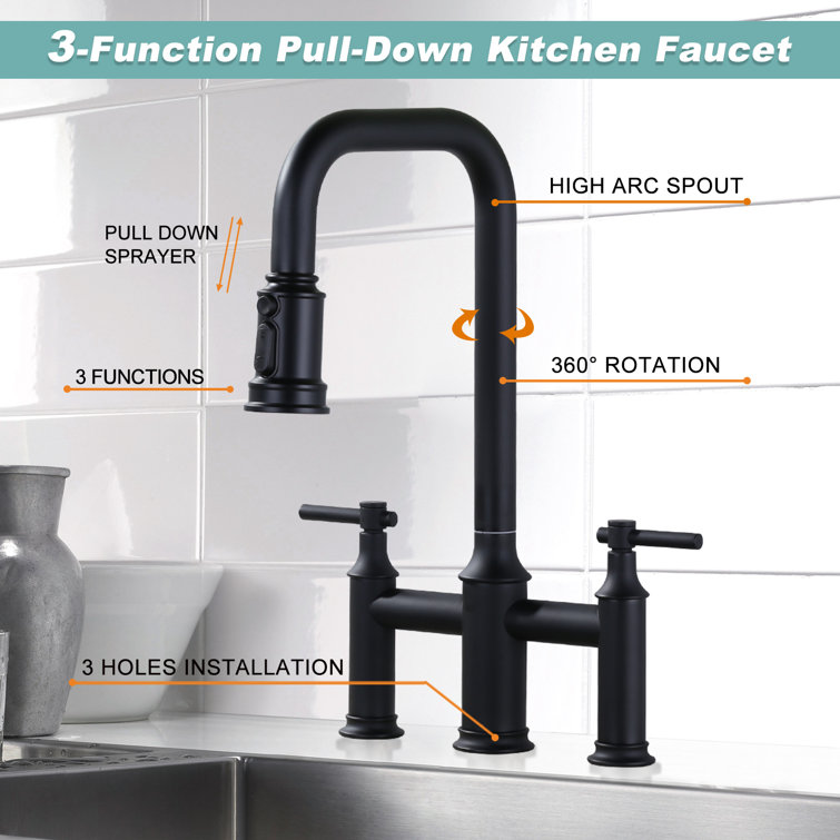 Matte Black Dual Handle Bridge Kitchen Faucet with Pull-Down Spray