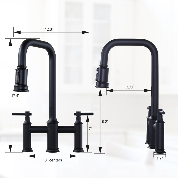 Matte Black Dual Handle Bridge Kitchen Faucet with Pull-Down Spray