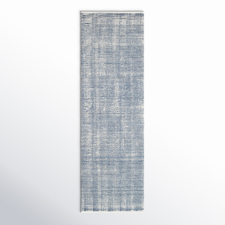 Ivory and Navy Handwoven Wool Stripe Runner Rug