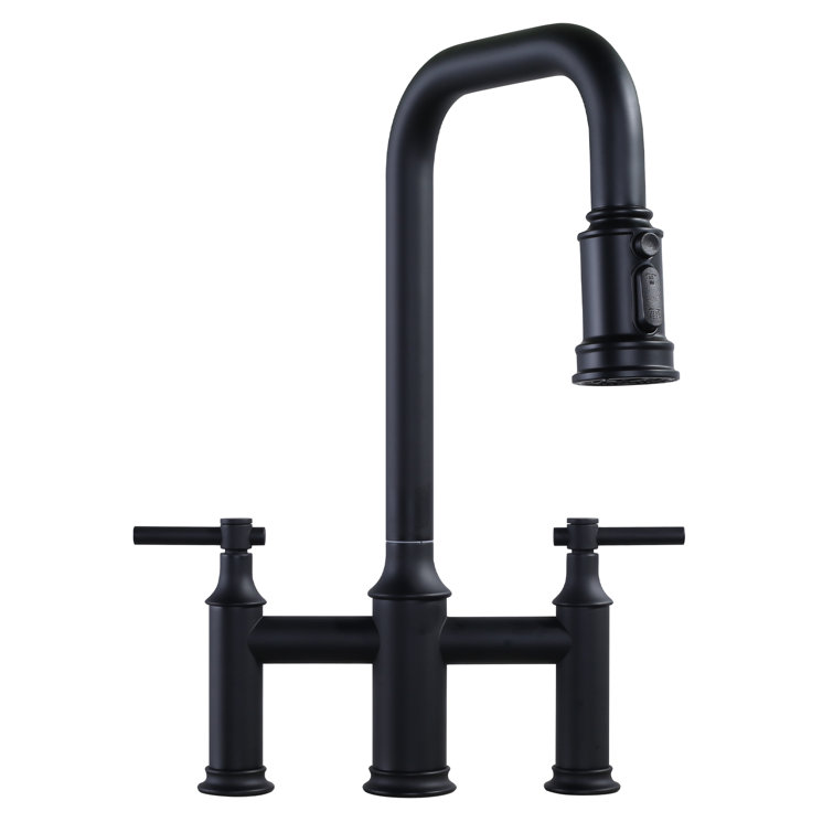 Matte Black Dual Handle Bridge Kitchen Faucet with Pull-Down Spray