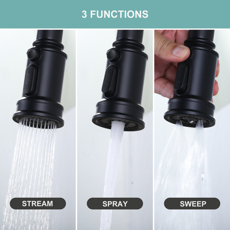 Matte Black Dual Handle Bridge Kitchen Faucet with Pull-Down Spray