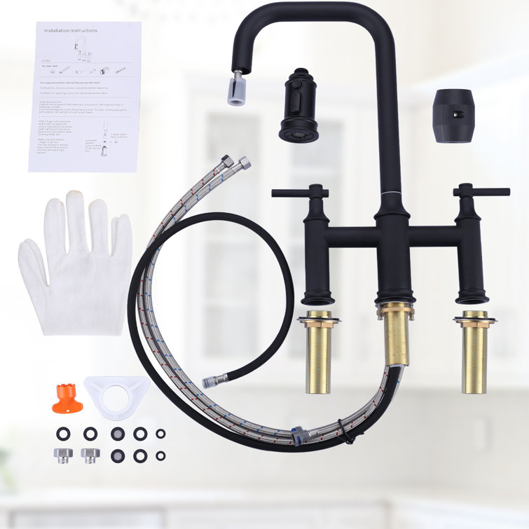 Matte Black Dual Handle Bridge Kitchen Faucet with Pull-Down Spray