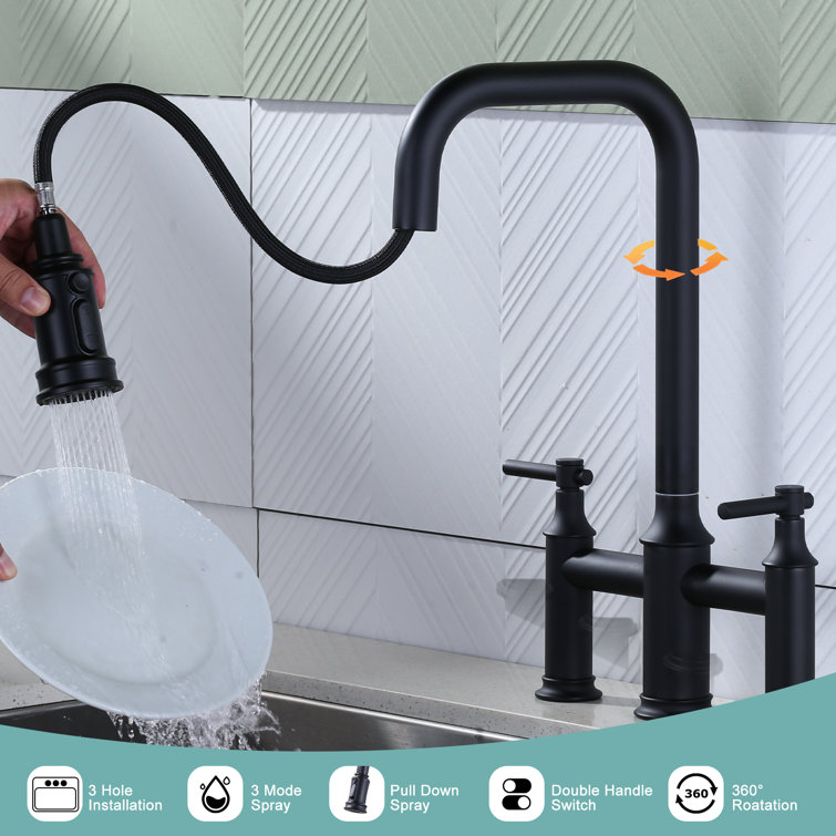 Matte Black Dual Handle Bridge Kitchen Faucet with Pull-Down Spray