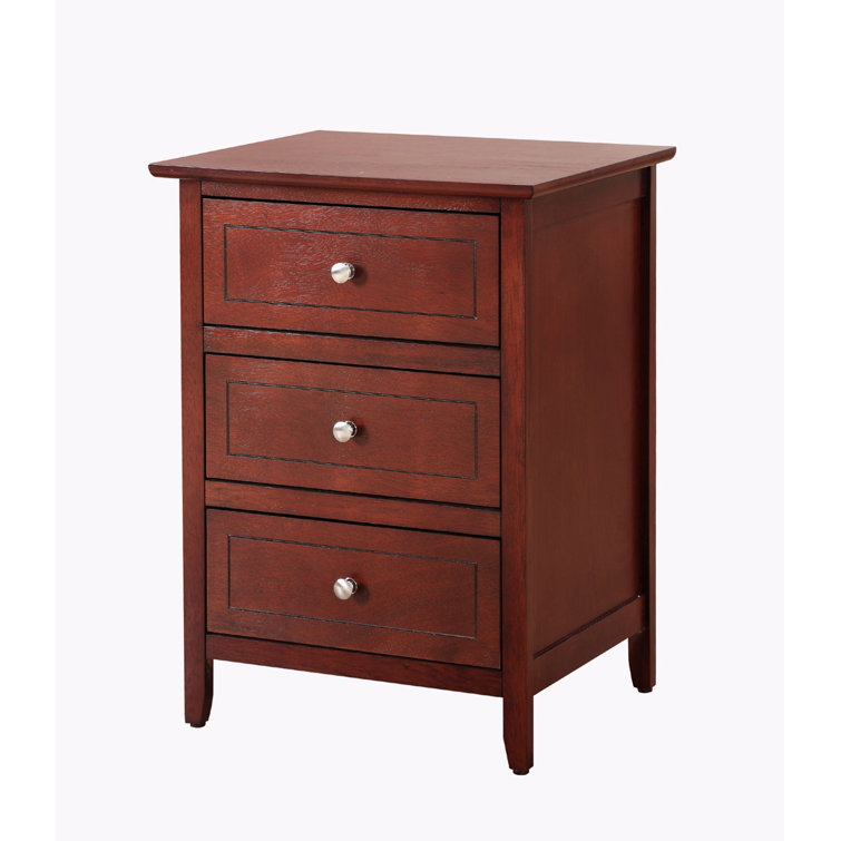 Cherry Wood 3-Drawer Nightstand with Nickel Hardware