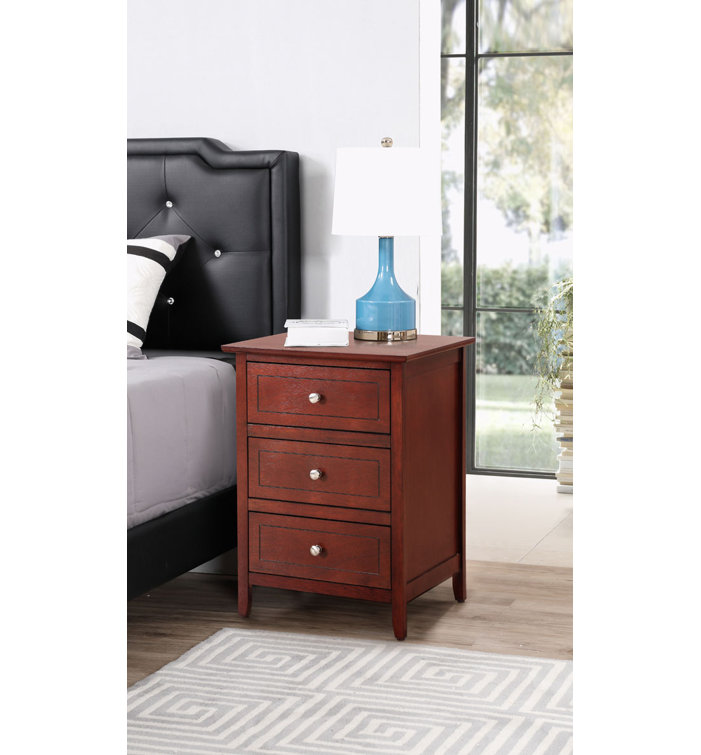 Cherry Wood 3-Drawer Nightstand with Nickel Hardware